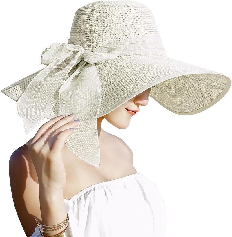 Lanzom Womens 5.7 Inches Big Bowknot Straw Hat Large Floppy Foldable Roll up Beach Cap Sun Hat UPF 50+ - Image 1